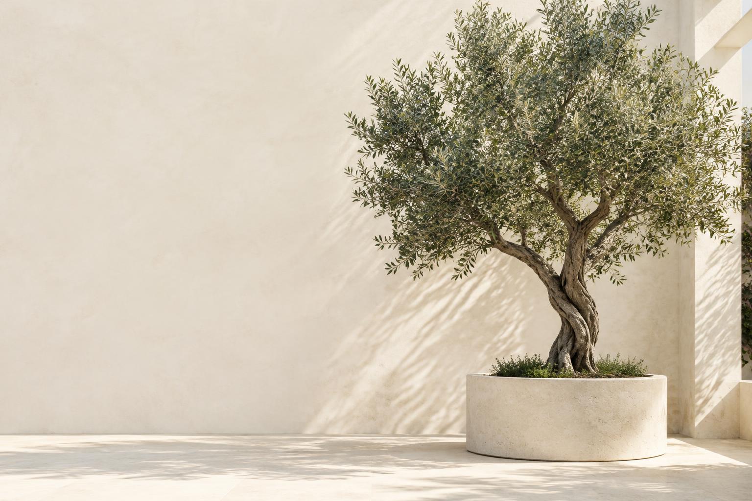 Olivo en un patio luminoso, símbolo de crecimiento y tranquilidad